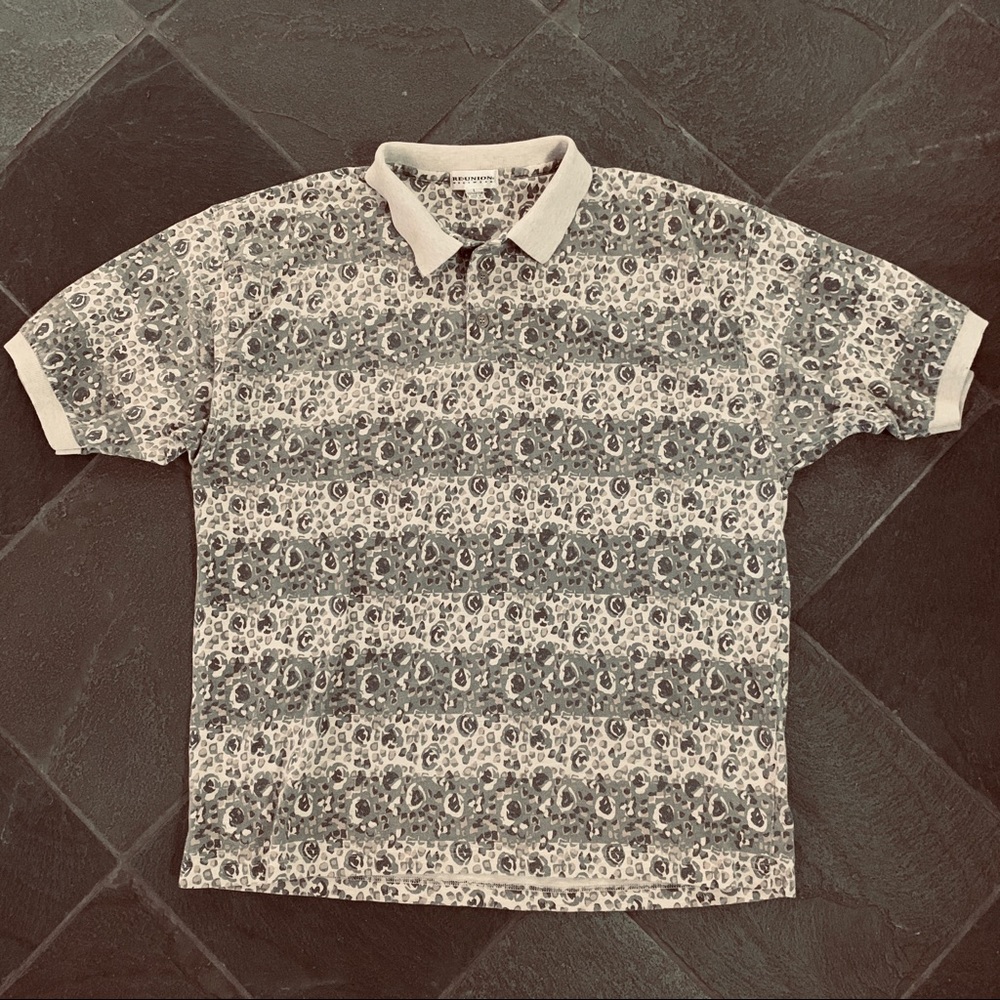 Reunion Menswear vintage tan printed short sleeve polo 100% Cotton Size Large